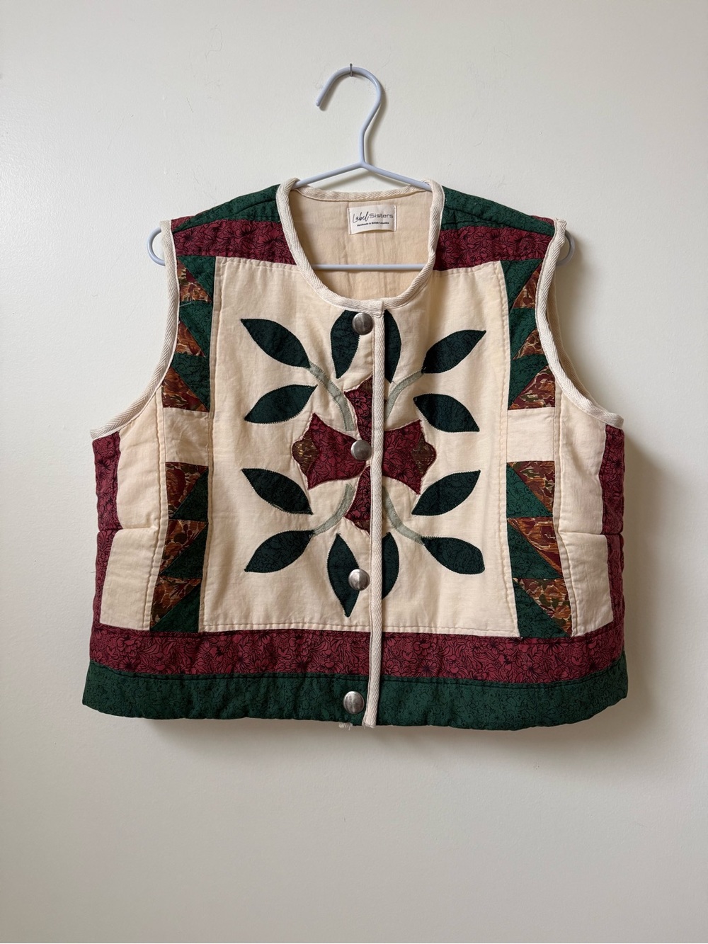 ⭐️ 7. Handmade Upcycled quilt vest button -foliage- vintage cotton